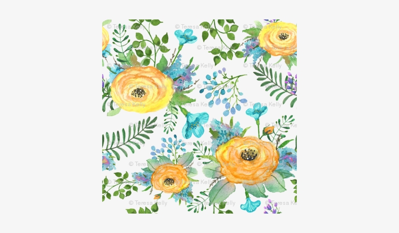 Tk-watercolor Yellow Teal Roses Berries - Flower Fabric - Tk-watercolor Yellow Roses Purple Flowers, transparent png #455994