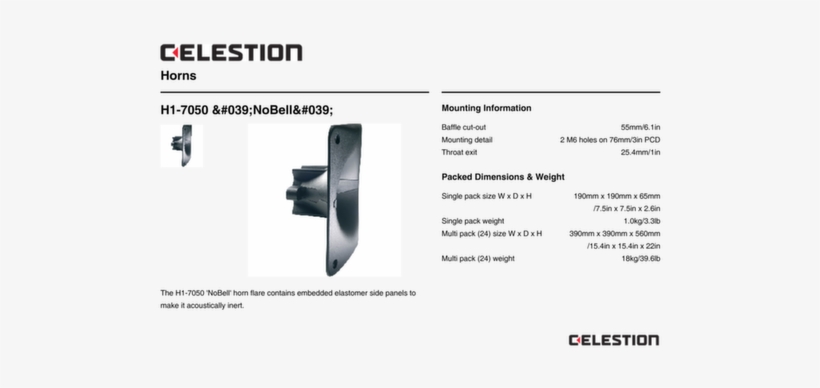 P A T5134 Specification Sheet - Celestion H1-7050 - 1" 'nobell' Aluminium Horn, transparent png #4525965