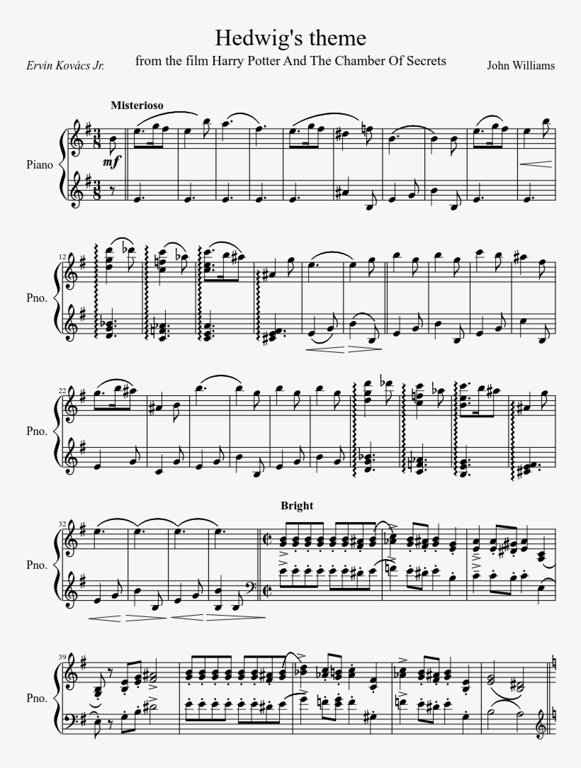 Hedwig's Theme - Ending Scene Iu Piano Sheet, transparent png #4549854