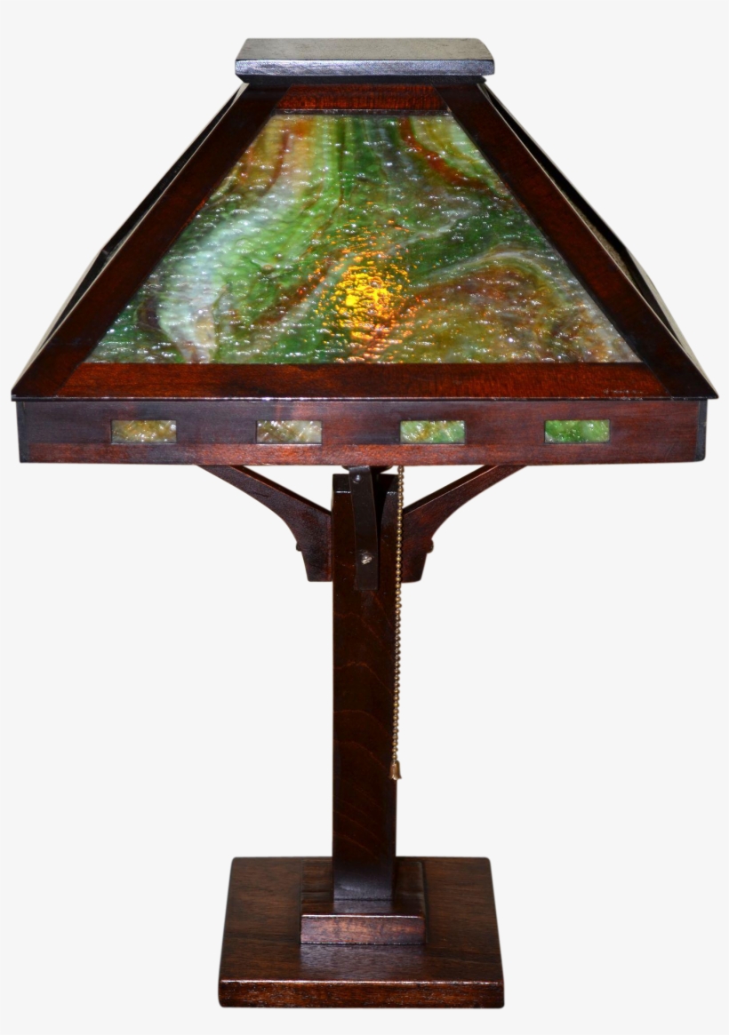 Arts And Crafts Slag Glass Mahogony Table Lamp With - Lampshade, transparent png #4557785