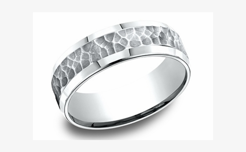 Hammered Center With Beveled Edge Wedding Band - Justmensrings Designer Men's 14k White Gold Ring, transparent png #4577860