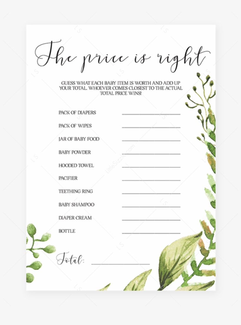 Guess The Price Baby Shower Game Printable Greenery - Baby Shower, transparent png #4599063