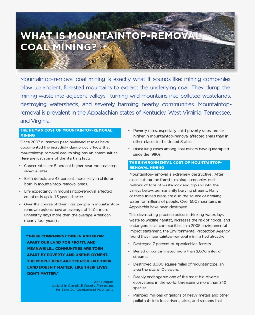 Download Fact Sheets On Mountain Top Removal - Brochure, transparent png #4624180