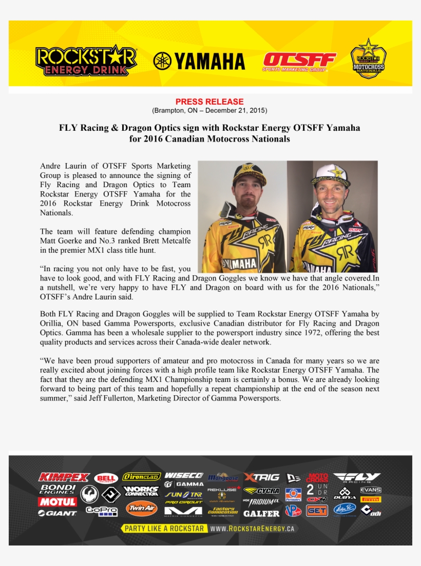 Rockstar Energy Otsff Yamaha Press Release-1 - One Industries Atom Rockstar Helmet Yellow, transparent png #4631843