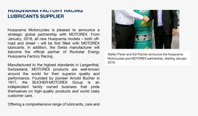 Husqvarna Motorcycles Partners With Motorex - Motorcycle, transparent png #4632534