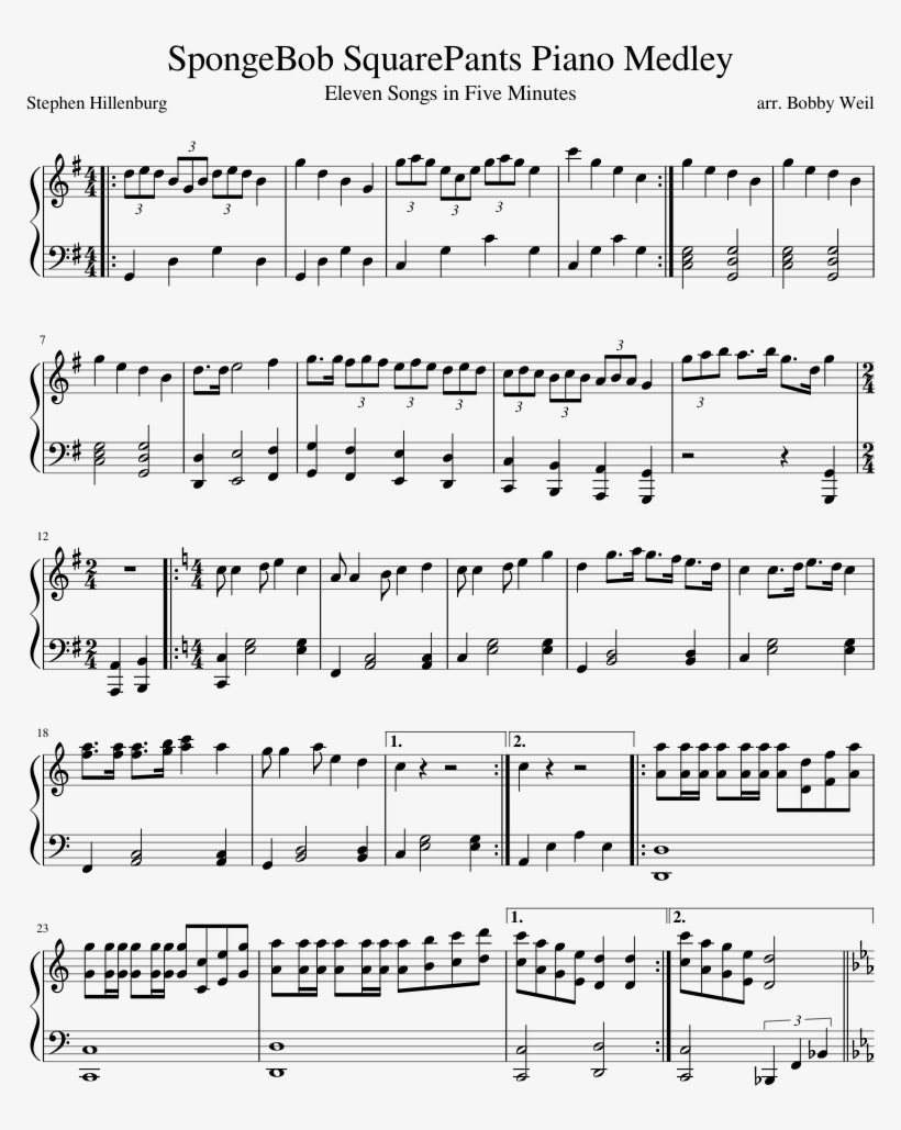 Spongebob Squarepants Piano Medley Sheet Music Composed - Time Inception Sheet Music, transparent png #4635235