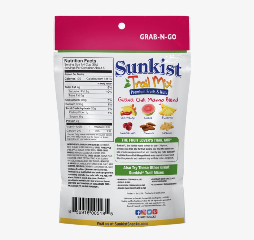 Trailmix Guava Chili 5oz Pouch Back Rgb - Sunkist Trail Mix, Blueberry Apple Blend - 5 Oz, transparent png #4653098