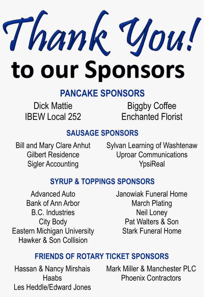 We Appreciate Our Pancake Breakfast Sponsors - Thank You Sponsors Transparent, transparent png #4684829