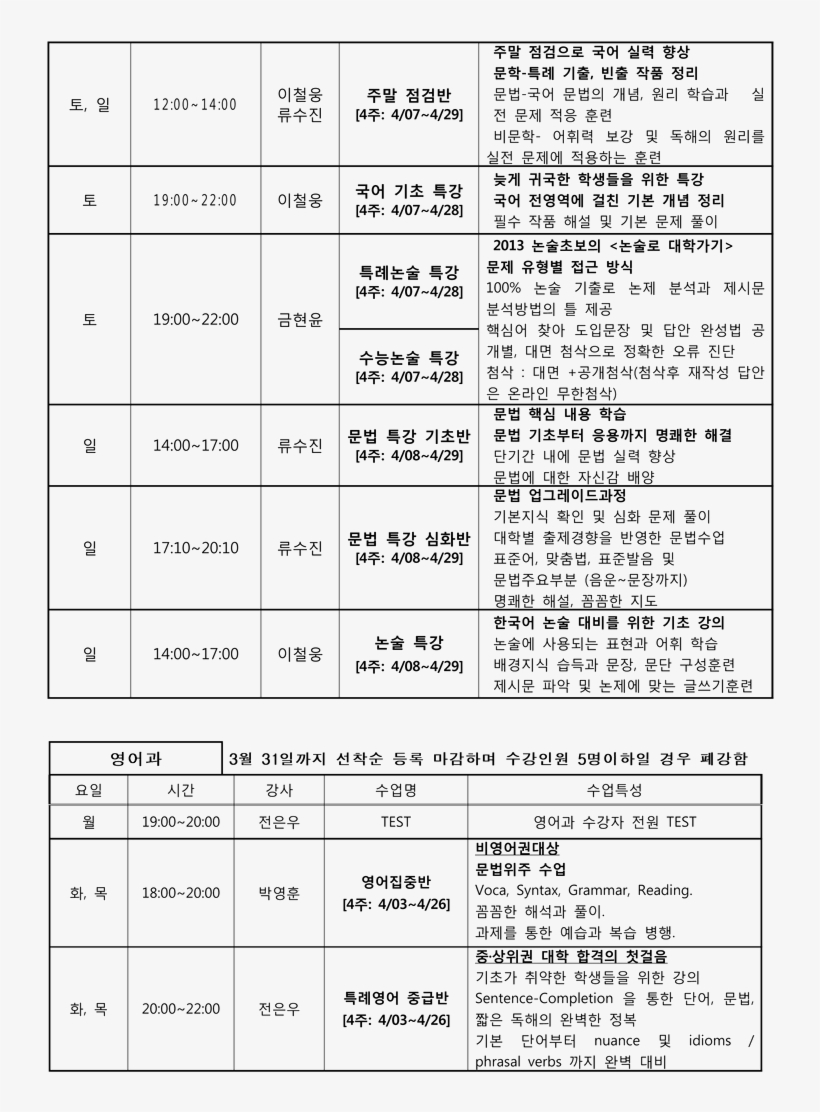[pes 단과학원] 4월 단과시간표 - Document, transparent png #4759497