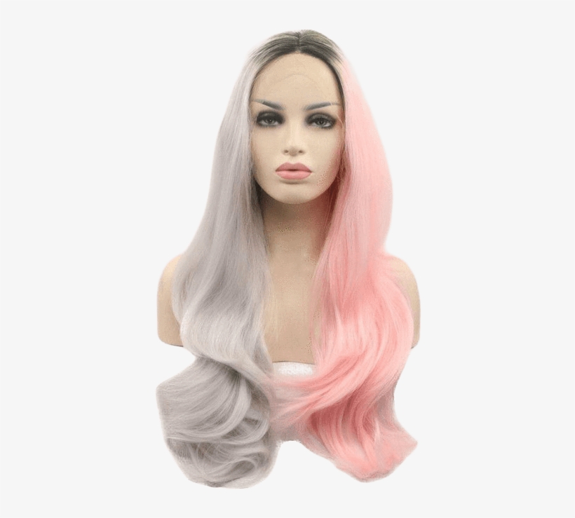 Pink & Grey Split Long Lace Front Wig - Xiweiya Long Natural Wavy Short Dark Root Ombre Pink, transparent png #4814329