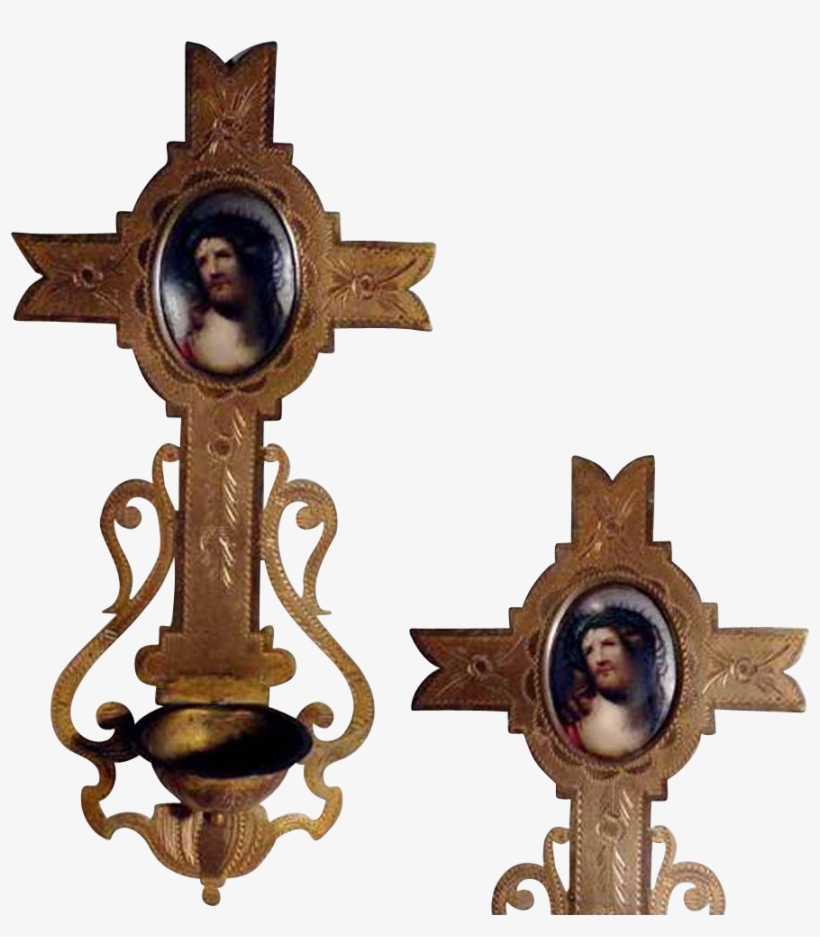 Old Wall Cross Holy Water Font And Porcelain Picture - Brass, transparent png #4827149