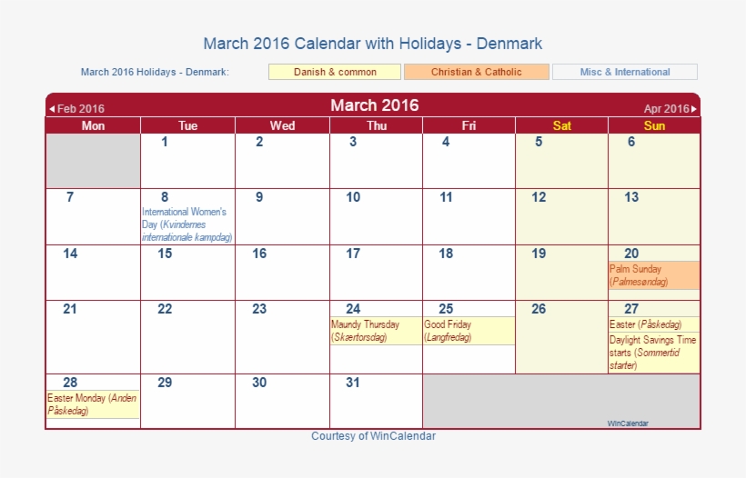 March 2016 Calendar With Dnk Holidays - Calendar 2019 Denmark, transparent png #4904658