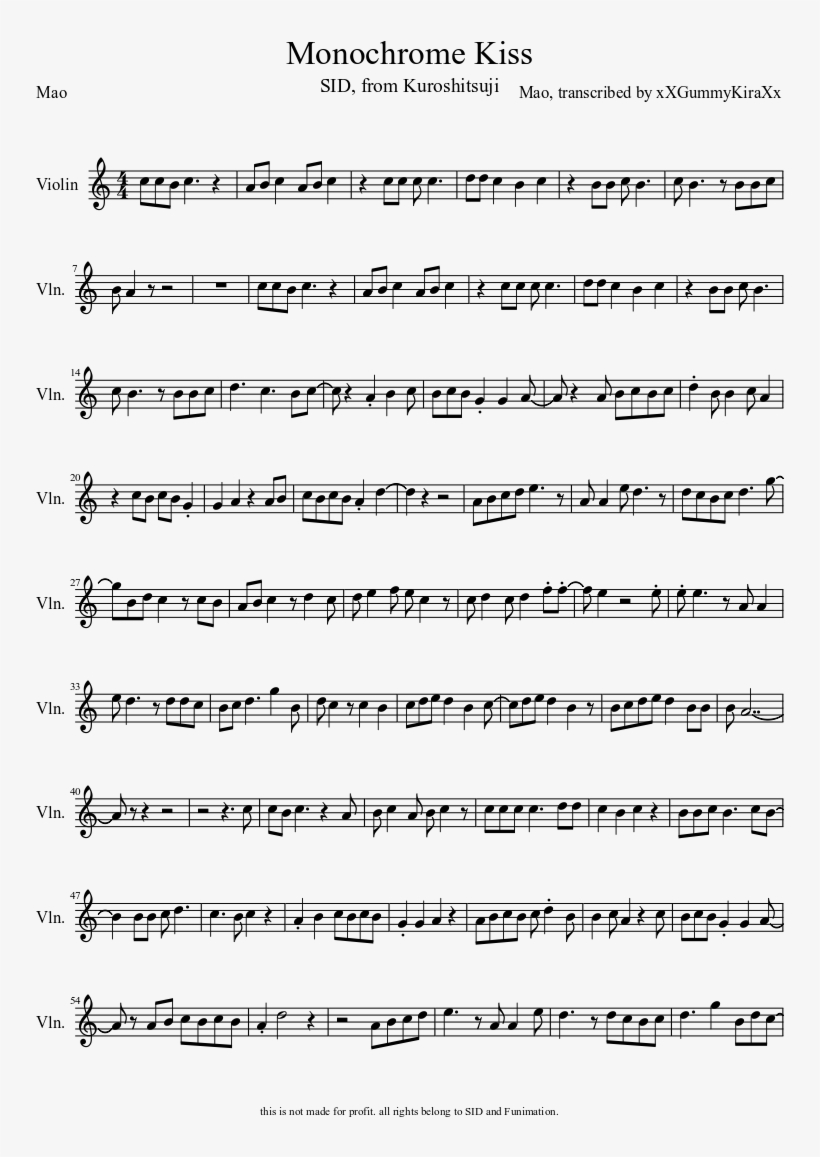 Monochrome Kiss Sheet Music Composed By Mao, Transcribed - Legend Of Zelda Violin Sheet Music, transparent png #4945555