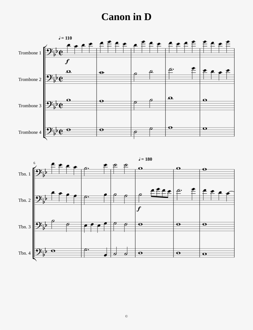 Canon In D, Trombone Quartet Sheet Music For Trombone - Sheet Music, transparent png #4960130