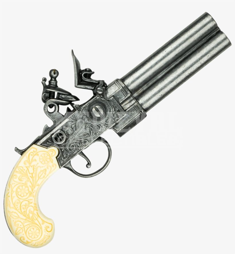 Grey Colonial Double Barrel Flintlock Gun - Flintlock Revolver Pistol, transparent png #5006929