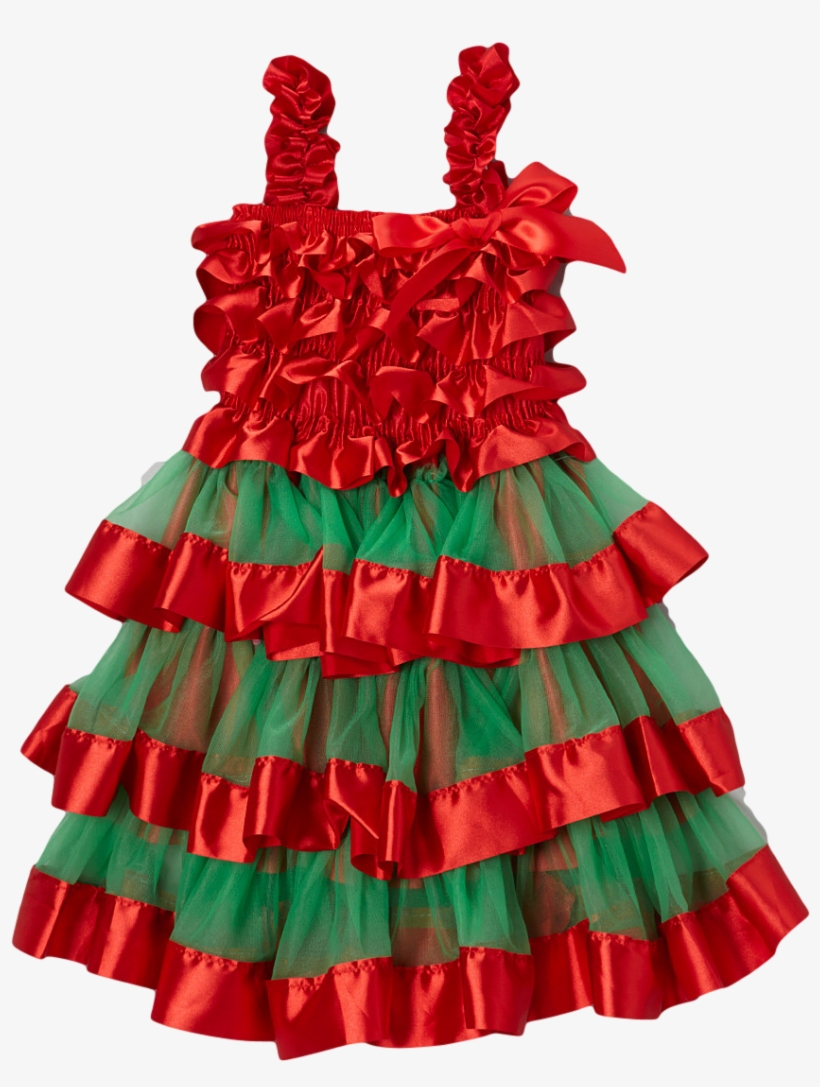 Red & Green Satin & Chiffon Tiered Dress - Dress, transparent png #5013580