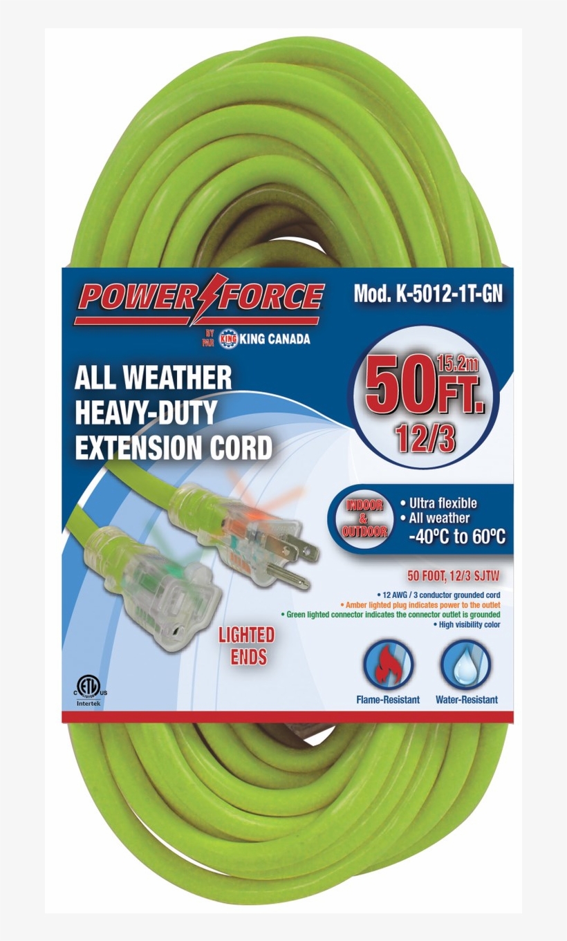 50' 12/3 Single Tap Extension Cord Green - King Canada Power Force 7.6m (25 Ft.) Heavy-duty Extension, transparent png #5076155