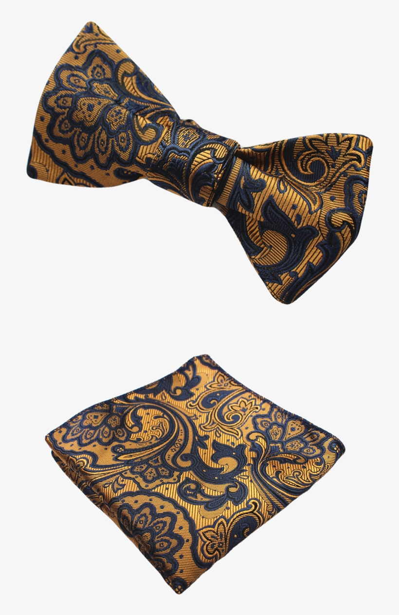 Gold And Dark Blue Pattern Bow Tie And Pocket Square - Dark Green And Gold Bowtie, transparent png #5080329