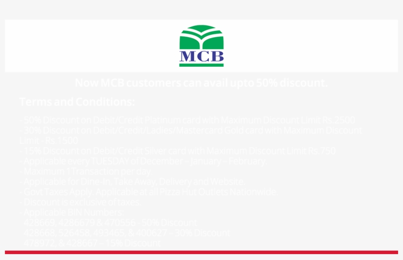 Pizza Hut Discount On Hbl Cards - Mcb Bank Limited, transparent png #5097218