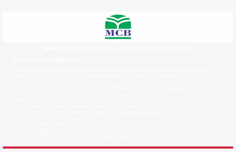 Pizza Hut Discount On Hbl Cards - Mcb Bank Limited, transparent png #5097218
