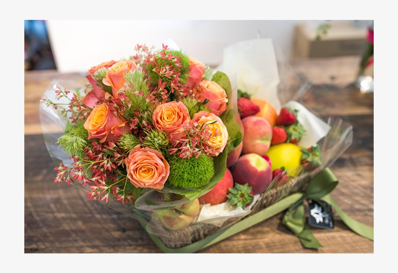 Fruit Basket With Bouquet Of Flowers - Bouquet, transparent png #5099099