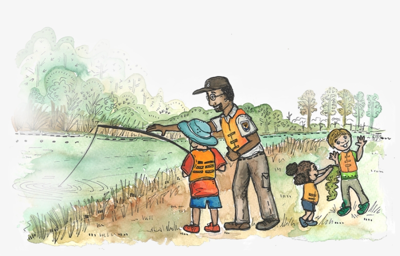 A Ranger Shows Children How To Fish In A River - River, transparent png #513124