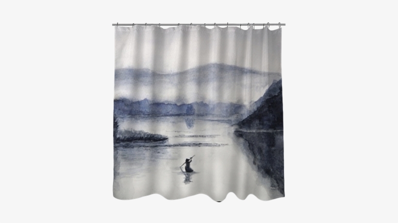 Watercolor Fishing Boat And Island With Mountains - Curtain, transparent png #513796