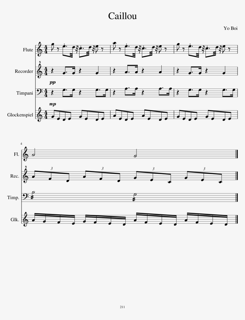 Caillou Sheet Music For Flute, Recorder, Timpani, Percussion - Caillou Music Notes Trumpet, transparent png #5143071