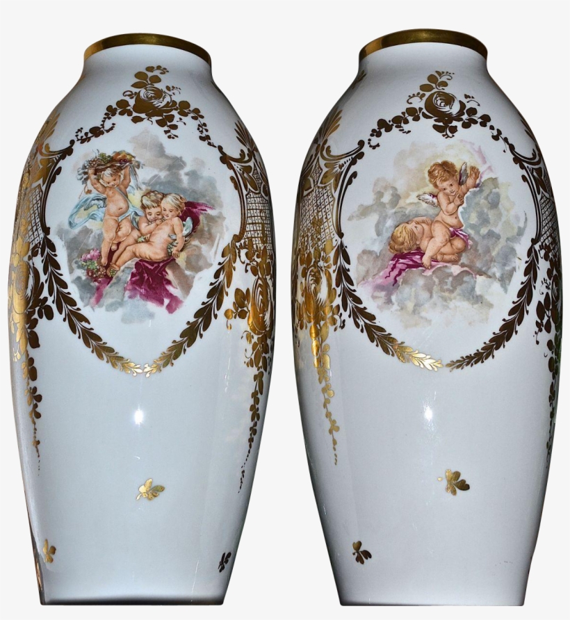 Limoges Pair Of 16' Vases Scenic Putti Playing With - Vase, transparent png #5170001