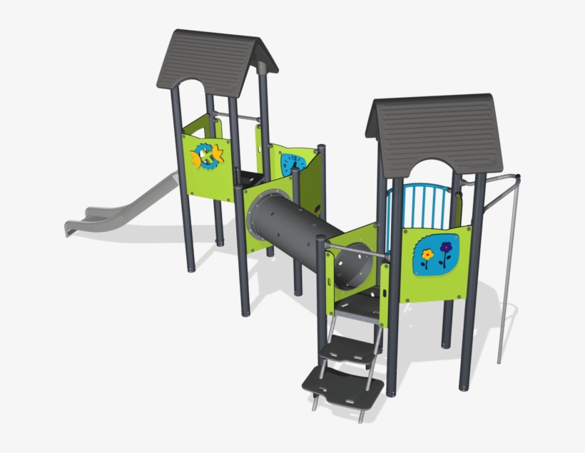 Two Towers With Tunnel Bridge, Steel Posts, St - Playground Slide, transparent png #5182401