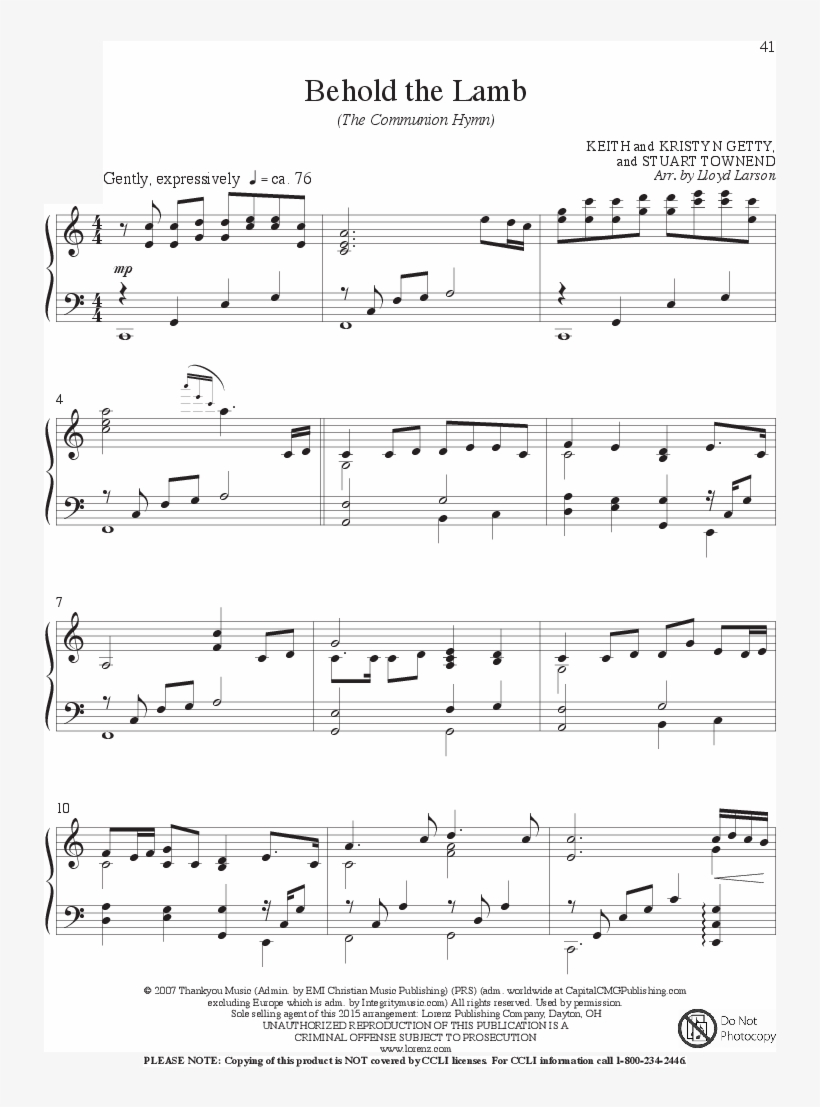 Fill The Earth With Songs Thumbnail - Behold The Lamb Stuart Townend Sheet Music Free, transparent png #521098