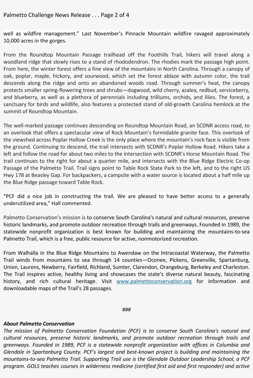 New Palmetto Trail Passage News Release Apr2017-1 - Document, transparent png #523109