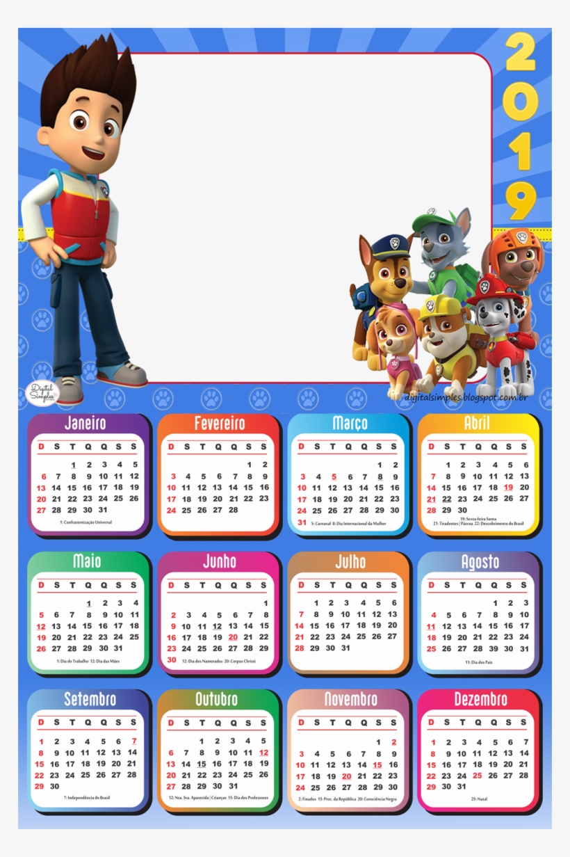 Calendário 2019 Patrulha Canina Personagens - 2019 Photo Frame Calendar, transparent png #5251173