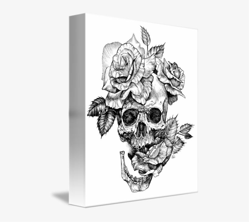 "ink Skull And Roses" By Sarah Wilson Www - Black And White Skull Drawing, transparent png #5260888