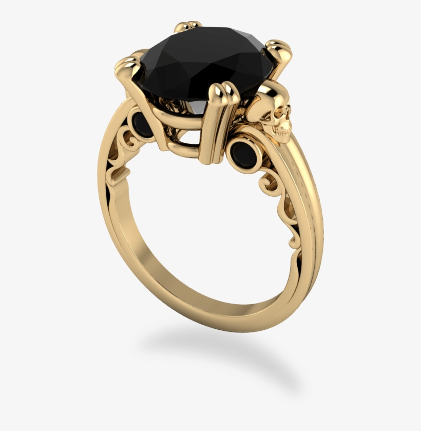 Yellow Gold Onyx Solitaire With Skull Details And Scrolled - Gold, transparent png #5261539
