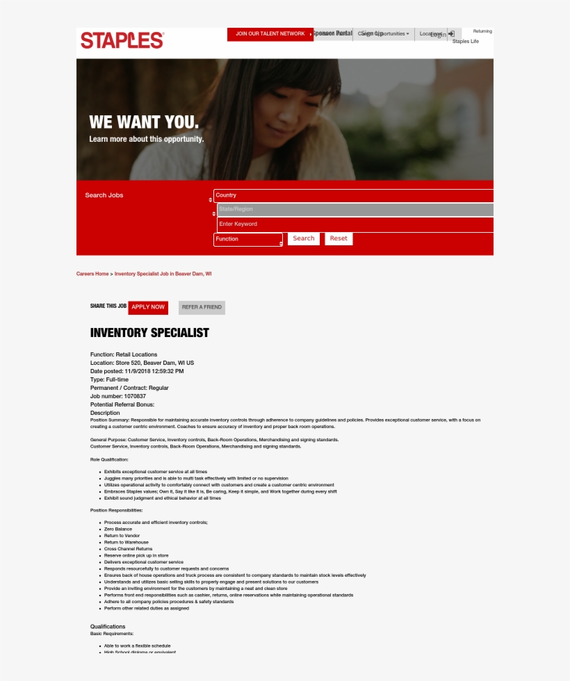 Inventory Specialist - Staples, transparent png #5272543