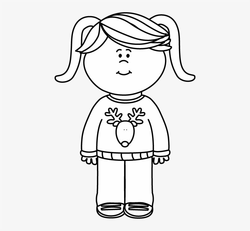 Black And White Girl Wearing A Christmas Sweater Clip - Clipart Black And White Girl, transparent png #536853