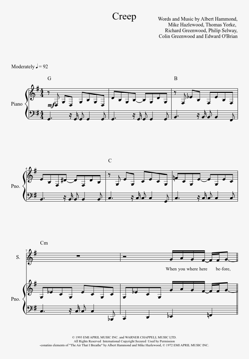 Radiohead - Creep - Musescore - Better Now Post Malone Sheet Music, transparent png #5354786