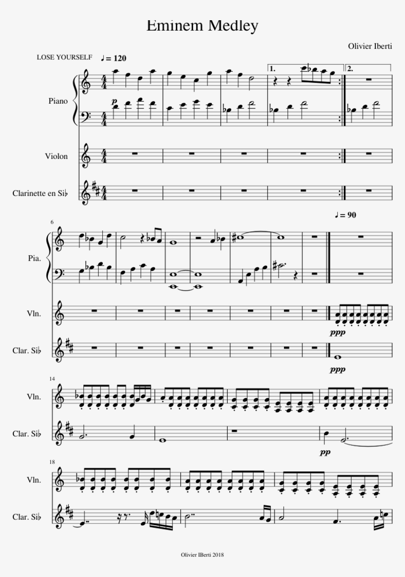 Eminem Medley Sheet Music For Piano, Violin, Clarinet - Music, transparent png #5357342