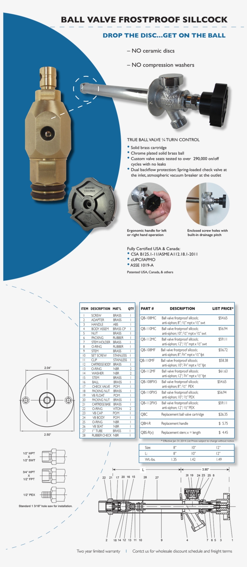 Quarter Ball Llc - Quarter Ball Qb-112mc Frost Proof Sillcock,12 In. L, transparent png #5413007