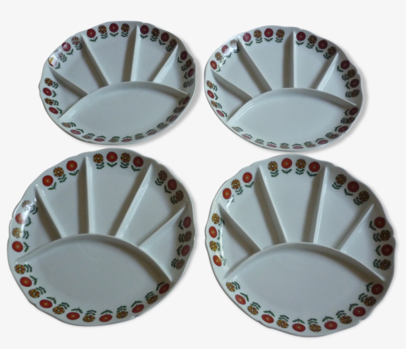 4 Plates With Compartments Flowers Vintage Porcelain - Plate, transparent png #5465256