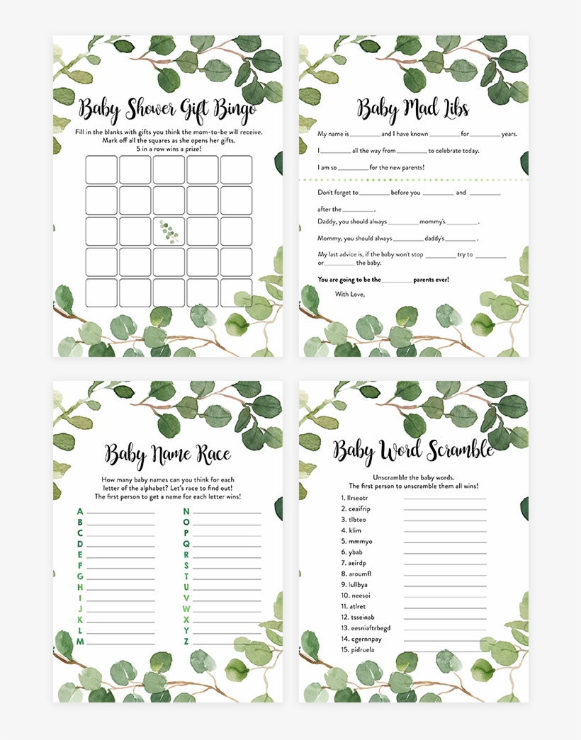 Greenery Foliage Baby Shower Game Pack, transparent png #5469107