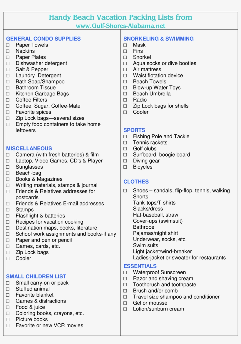 Packing List For Beach Vacation Main Image - Food List For Beach Vacation, transparent png #5485597