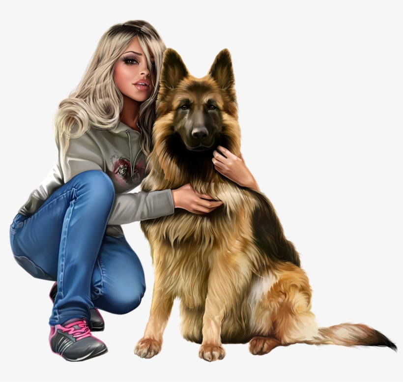 Alsatian, Illustration Girl, German Shepherds, Cartoon - Tube Femme Avec Chien, transparent png #550097