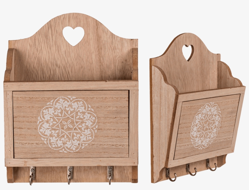Natural Coloured Wooden Key Box With 3 Hooks & Storage - Wood, transparent png #5513139