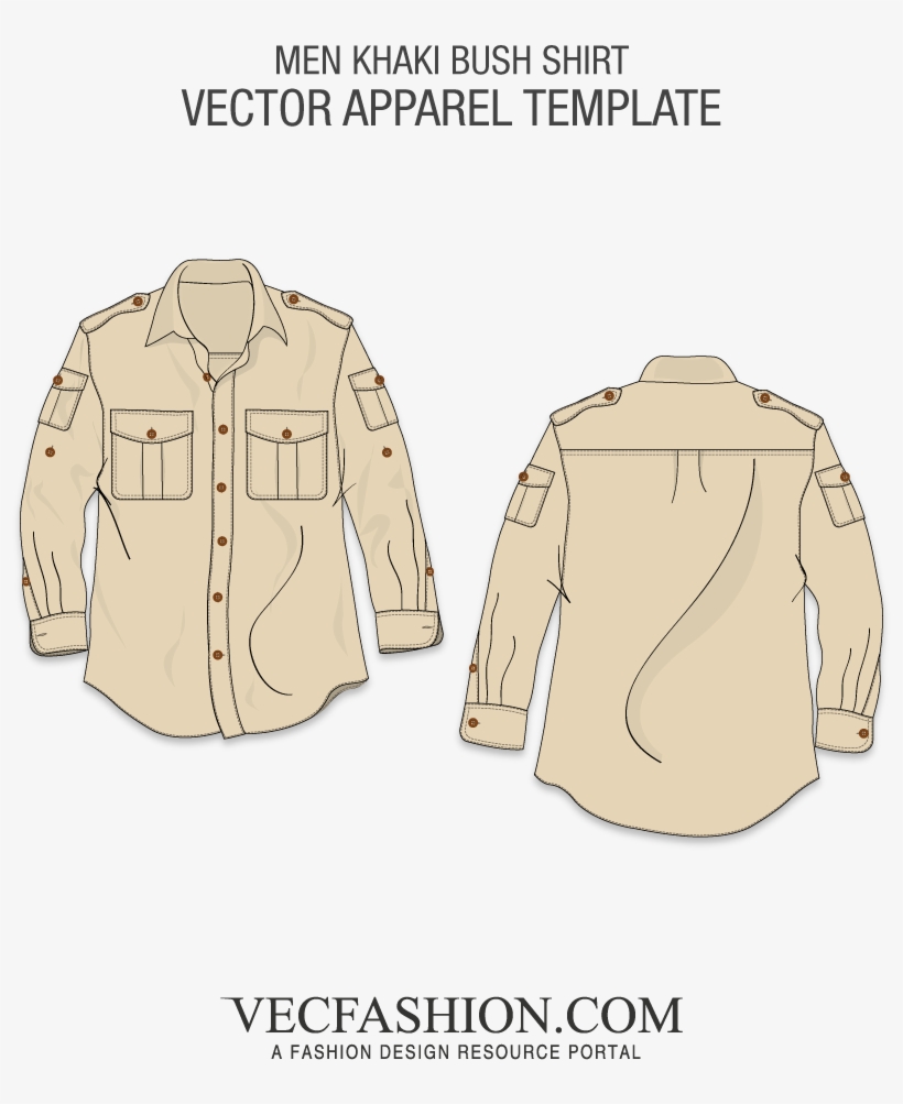 Classic Khaki Color Bush Shirt Template - Template Jacket Free Download Vector, transparent png #5524639