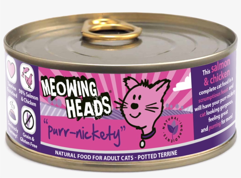 Meowing Heads Purr-nickety Salmon & Chicken Canned - Meowing Heads Purr-nickety Tin (100g), transparent png #5538279