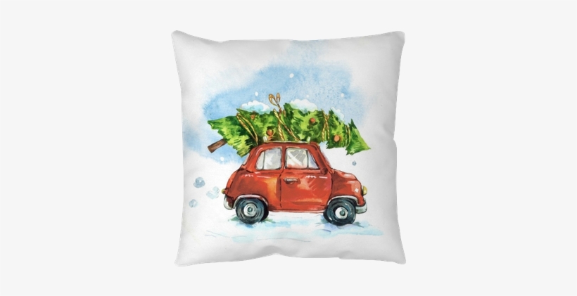 Watercolor Greeting Card With Red Retro Car Throw Pillow - Christmas Pillow Cover Collection, transparent png #567987