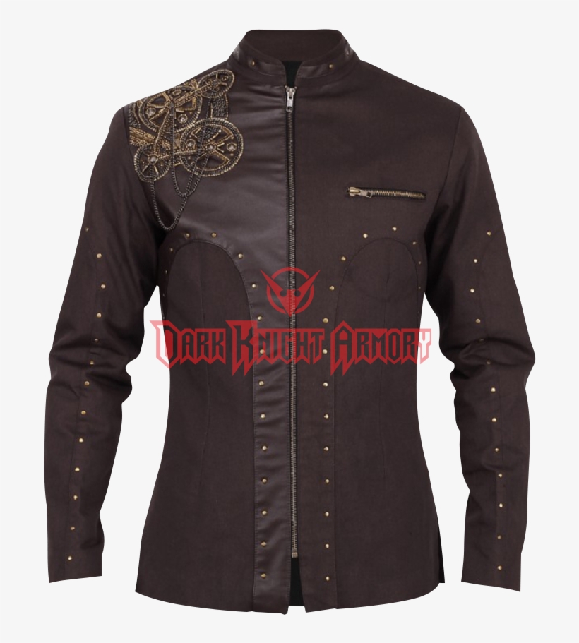 Steampunk Brown Embroidered Rivet Coat - Leather Jacket, transparent png #5603631