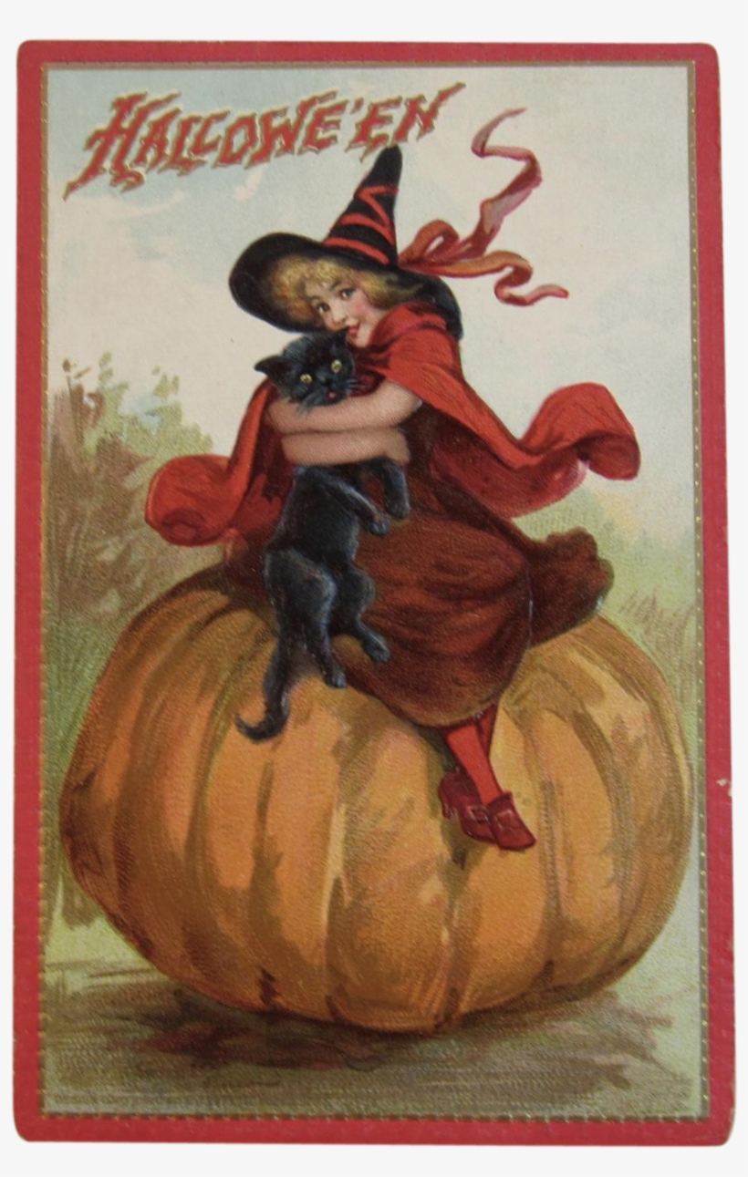 Tuck's Halloween Postcard Witch Black Cat On Pumpkin - Victorian Era Halloween Cards, transparent png #5628418